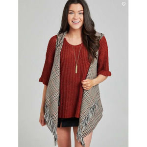 Altar'd‎ State Carlisle Plaid Hooded Vest with Fringe Oversized Size Small